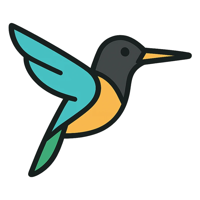 black hummingbird, elegant, minimal, color outline icon style sticker
