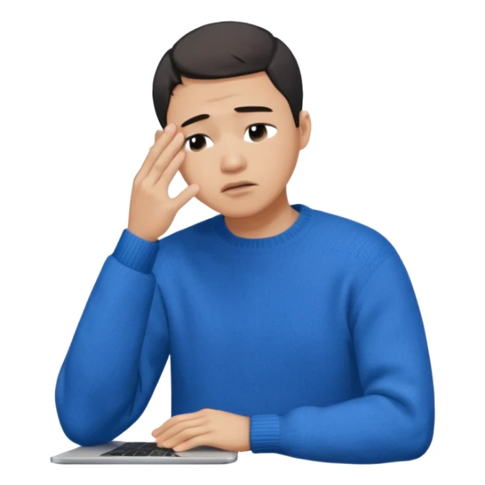 a crying asian handsome guy wearing a blue knit with white shirt, facepalming with only one hand, with a macbook, only upper body, high quality.  sticker