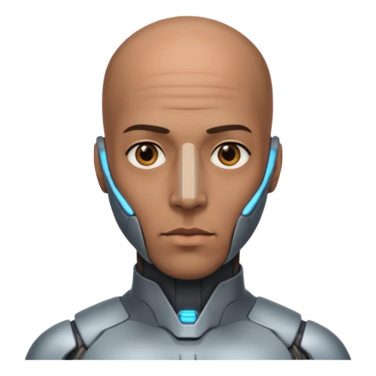bald dark brown man, vertical half of his face covered in cyborg augmentations sticker