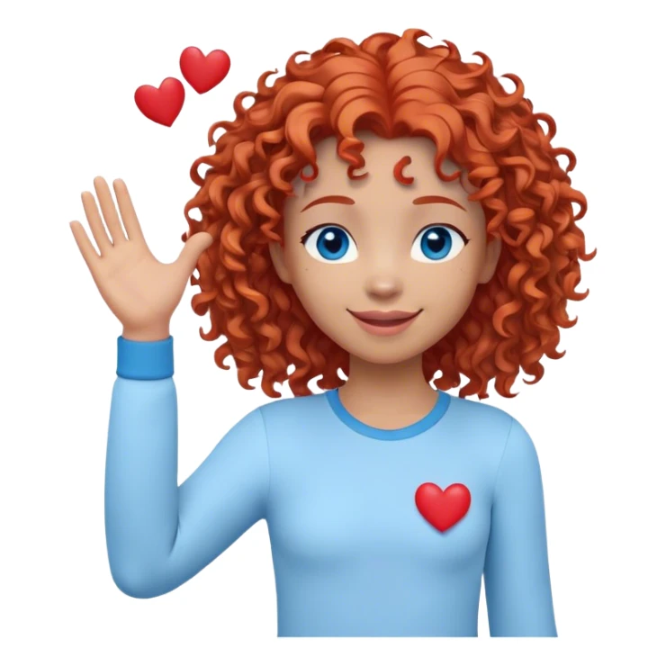 A 3D cartoon-style avatar with a friendly, expressive face. The avatar has curly red hair, bright blue eyes, and a warm smile. It wears a simple white long-sleeve shirt and has a playful pose, with one hand raised and small red hearts floating around sticker