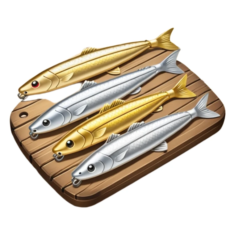 A metal lure set arranged on a wooden plank sticker