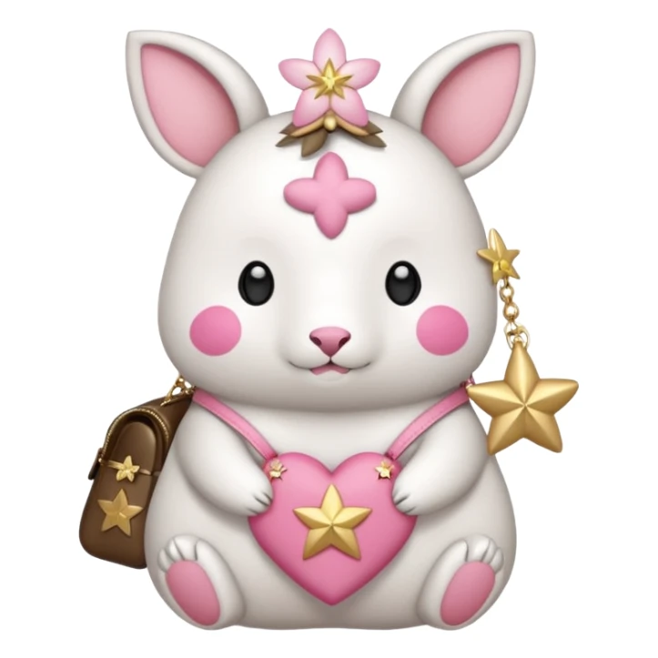 GENERATE ME A MOMONGA WHITE ANIMAL  FROM CHIIKAWA AND PUT A SAKURA FLOWER ON HIS HEAD AND A STAR PELT ON HIS BELLY AND A HEART PURSE ON HIS ARM WITH HIS FACE sticker