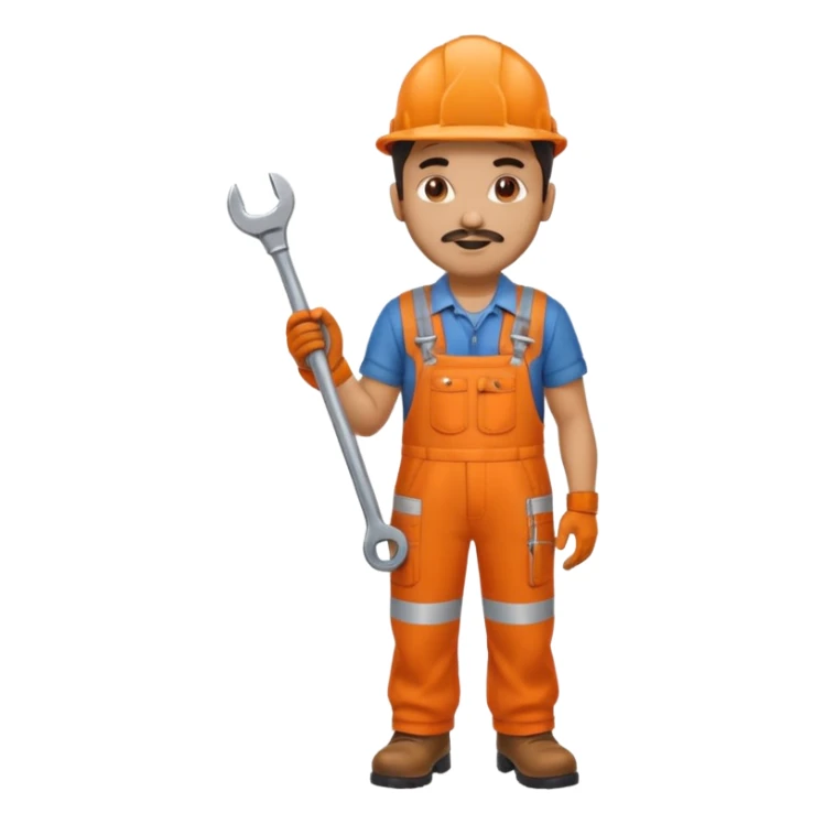 Indian male railway engineer orange overalls, boots holding a spanner sticker