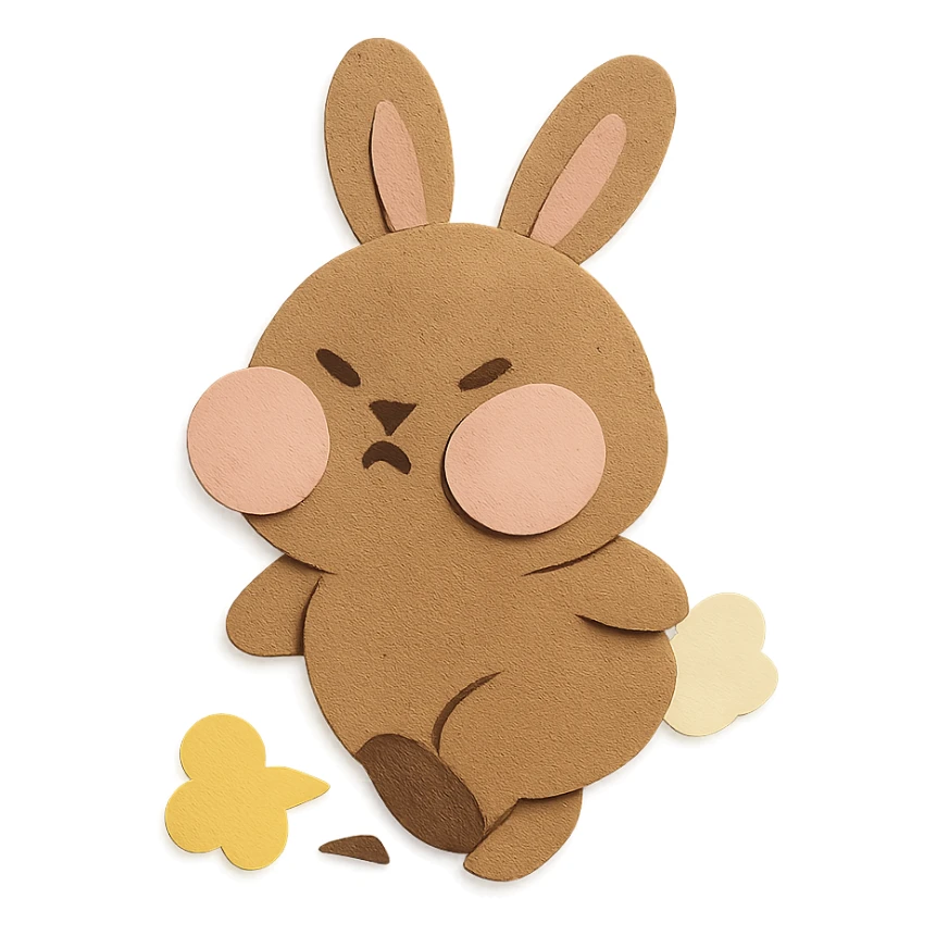 mocha bunny puffing cheeks, stamping foot, paper-craft style sticker