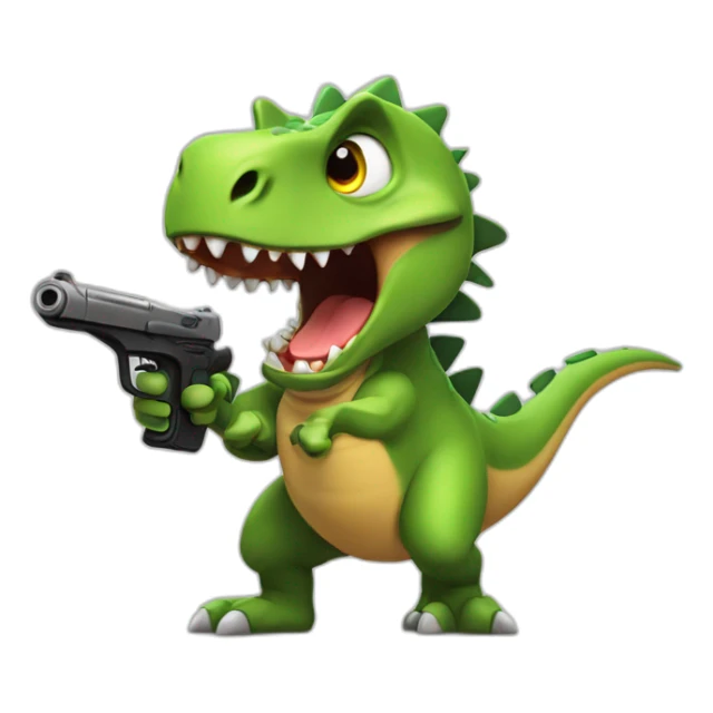 Dinosaur with a gun in his hand. Expression of fury, anger. sticker