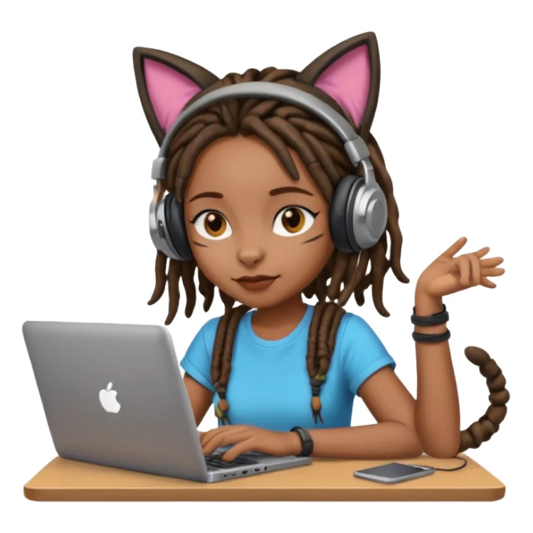 black girl with dreads who works remotely through a laptop with cat ear headphones sticker