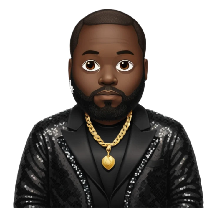 Rick Ross with dark brown hair, black sequin outfit sticker