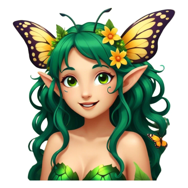 Cinematic Realistic Forest Nymph Fairy Portrait, head tilted dramatically with an exaggeratedly amused expression, featuring a striking, nature-infused form with glowing, sun-kissed tanned skin and vividly detailed dark green hair adorned with floral accents. Her expressive eyes brim with playful forest mischief, rendered with vibrant, lifelike textures and dynamic dappled lighting that conveys a spirited, over‐the‐top woodland whimsy showing her large butterfly wings from her back. sticker