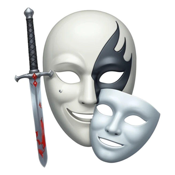 A sword in the middle, on the write sad mask and on the left happy mask sticker