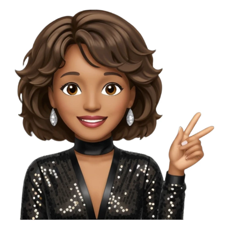 Whitney Houston with dark brown hair, black sequin jumpsuit sticker
