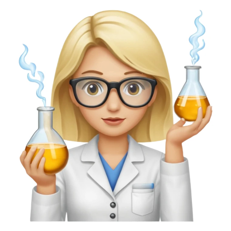Eine hellblonde Chemikerin mit Kittel, großer Labor-Sicherheitsbrille und typischem Erlmeyerkolben in der Hand sticker