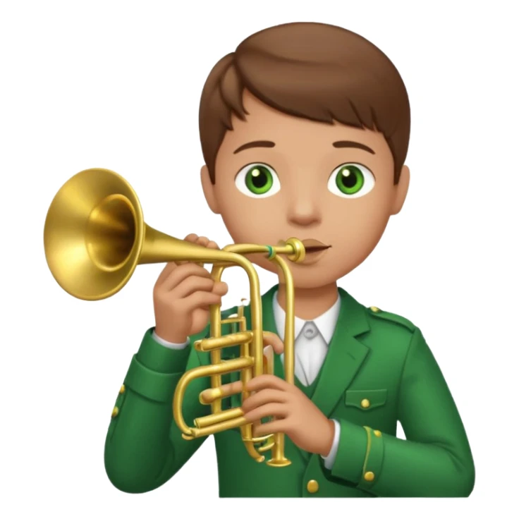 young boy with brown hair, green eyes who plays a trumpet sticker