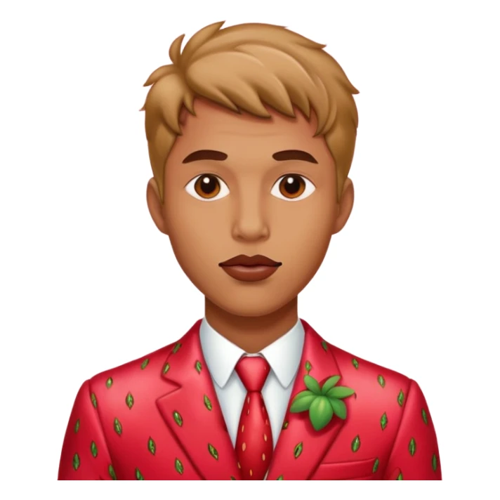 Mn wearing strawberry suit with a sultry look and lip bite sticker