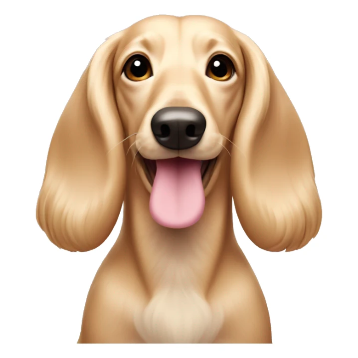 Pale cream, long-haired wiener dog with a pink nose sticker
