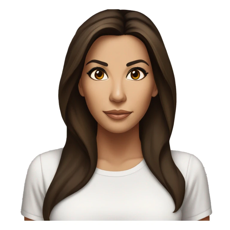 3/4 face, contrasted, shadow, light, Eva Longoria expression, thin nose, brunette woman, hazel eyes, long eyelashes, dark shoulder shaded hair, white t-shirt sticker