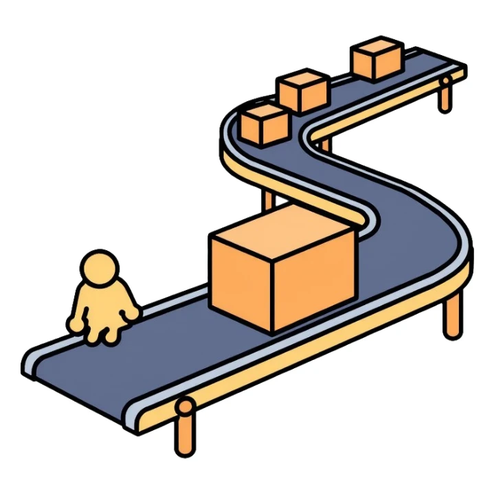 Simple assembly line with small blocks moving on a conveyor belt, symbolizing a repeatable system or process sticker