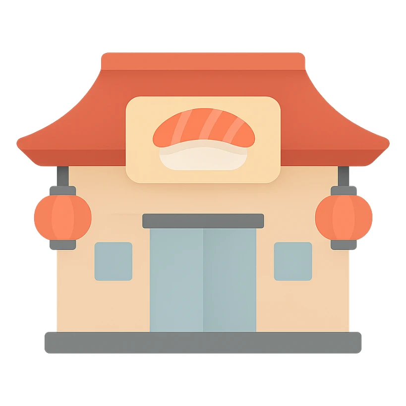 sushi house, traditional Japanese architecture, lanterns, minimalist flat icon style sticker