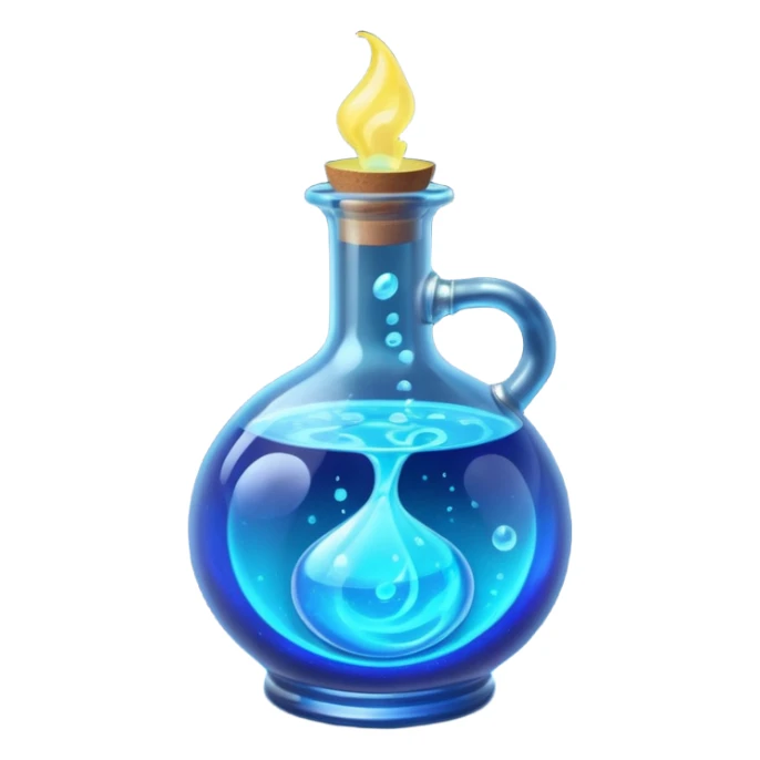 glowing blue neon magic potion, in a round glass bottle, tilted slightly sticker