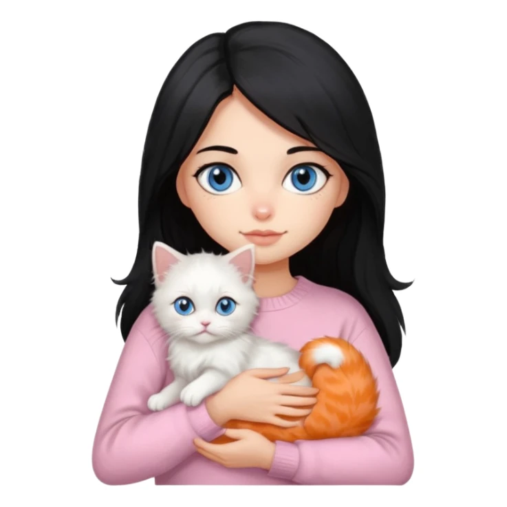 Girl with mid long black hair in soft pink sweater holding A 2-month-old Persian-Angora mix kitten with blue eyes and mostly orange fur with white patches cat sticker