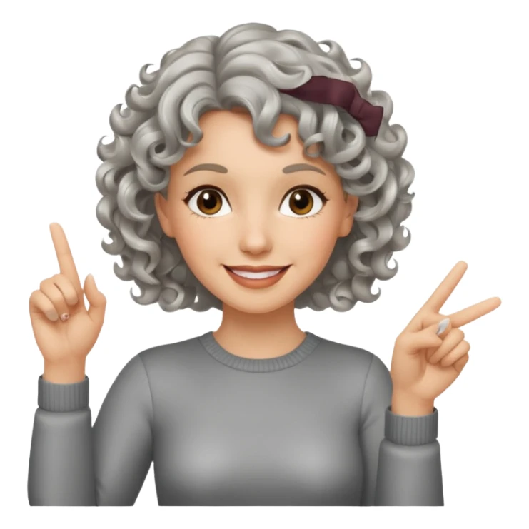 silver, short, wavy-haired with curls, smiling pretty lady, hopeful, pointing 2 fingers up


 sticker