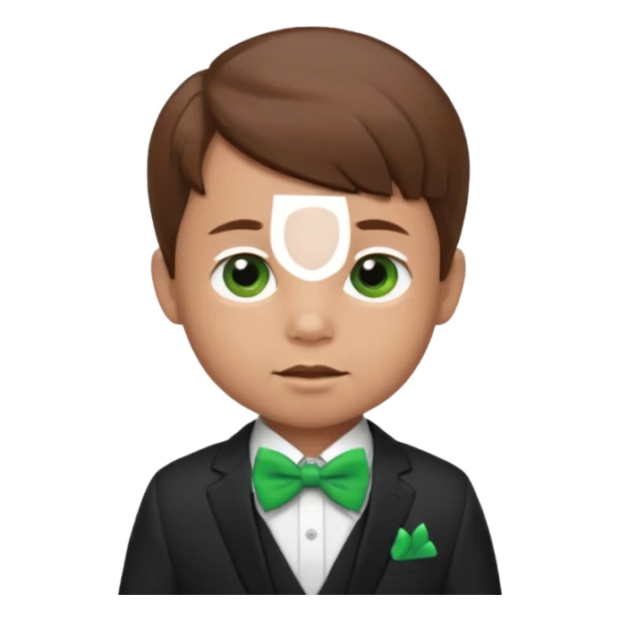 baby cute boy, brown hair in suit, with green bow sticker