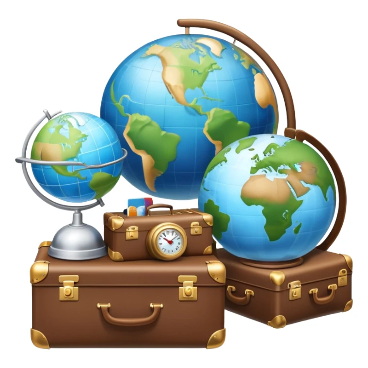 An icon featuring a suitcase, a hotel bell, and a globe, symbolizing tourism and hospitality. The design includes a scenic landmark, like a mountain or beach, and a check-in desk, representing travel and accommodation services. Transparent background sticker