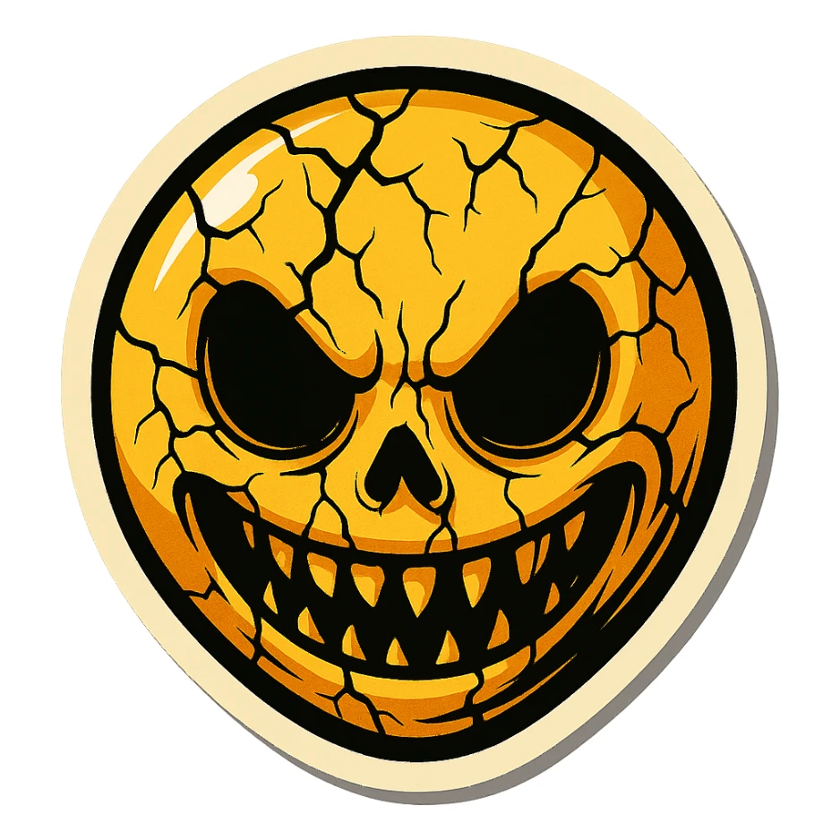 scary creepy emoji with cracks, sharp black outlines, expressive shadows and highlights, no gradients, only sharp color transitions, retro stickers style sticker