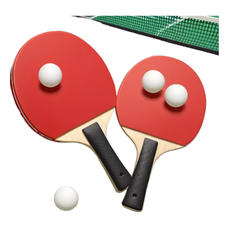 Two table tennis paddles and a ball placed on a ping pong table, with the net in the background. The scene conveys the simplicity and focus of the sport, with vibrant colors highlighting the rackets and ball on the smooth surface of the table. sticker