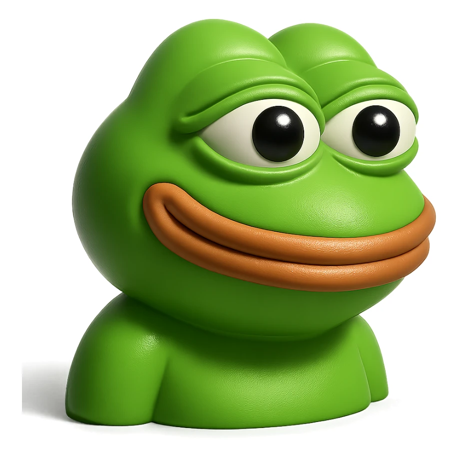make a pepe in bright green smiling with thought bubble looking at right side in 3d style, good highlights and shadows, drop shadows sticker