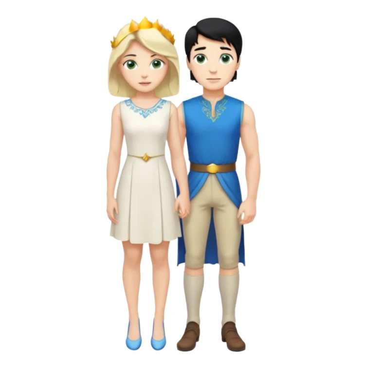 prince, standing upright, black Hair, blue eyes, garment,  woman, bending knee, white sleveless dress, blonde hair, green eyes, sticker