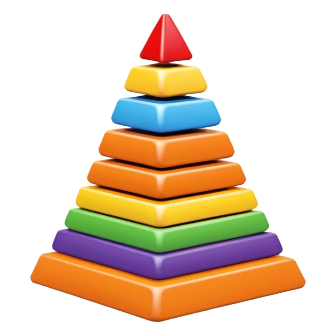 Children's stacking pyramid toy with rings in rainbow order: red, orange, yellow, green, light blue, dark blue, and purple rings sticker