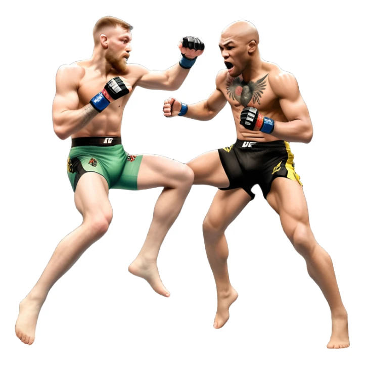 An MMA showdown between Conor McGregor and Anderson Silva in the octagon. McGregor is executing a jumping strike, while Silva skillfully deflects the attack. The background shows the UFC octagon with roaring fans and vibrant energy. Transparent background. sticker