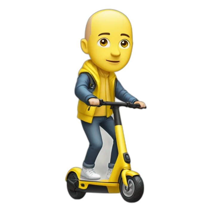 bald man with a flashy yellow cycling helmet on a xiaomi e-scooter whearing a security yellow jacket sticker