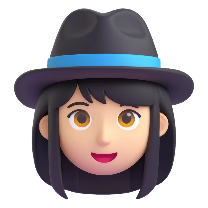 face with a black hat and long side bangs, 3d emoji style sticker