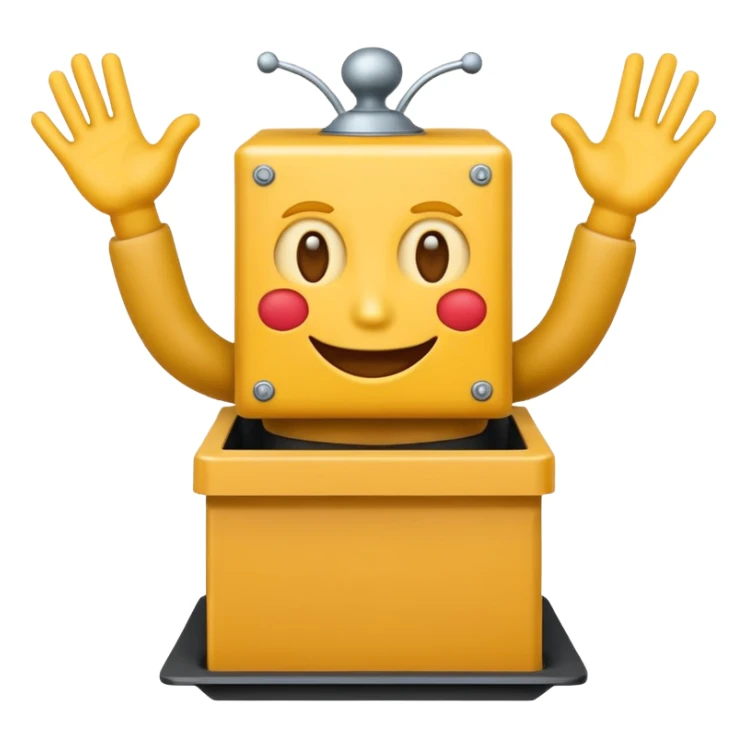 Create an emoji (one of the classic yellow faces) but make them have hands and wind an imaginary jack in the box (no props or anything just the hands and face) but also have the mouth like an o sticker