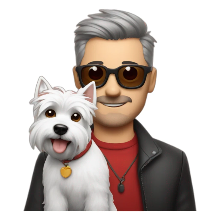 Hombre con gafas rojas con un perro westie sticker