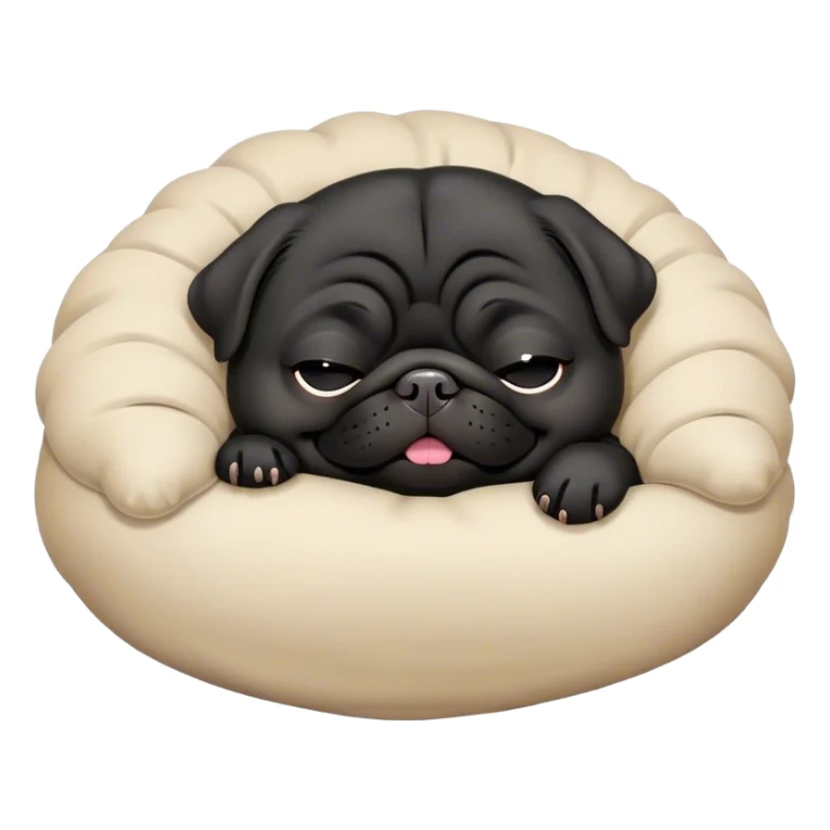 Cinematic Meme-Worthy Chubby Sleeping Black Pug Portrait Emoji, Head resting peacefully with a contented smile, showcasing a delightfully chubby build and a luxuriously soft black coat, eyes shut in a serene nap, Simplified yet hilariously adorable features, highly detailed, glowing with a soft, drowsy light, high shine, relaxed and utterly lovable, stylized with an air of playful laziness, bright and heartwarming, soft glowing outline, capturing the essence of a comically sleepy companion, so meme-worthy it feels like it could instantly become the next viral sensation of adorable slumber! sticker