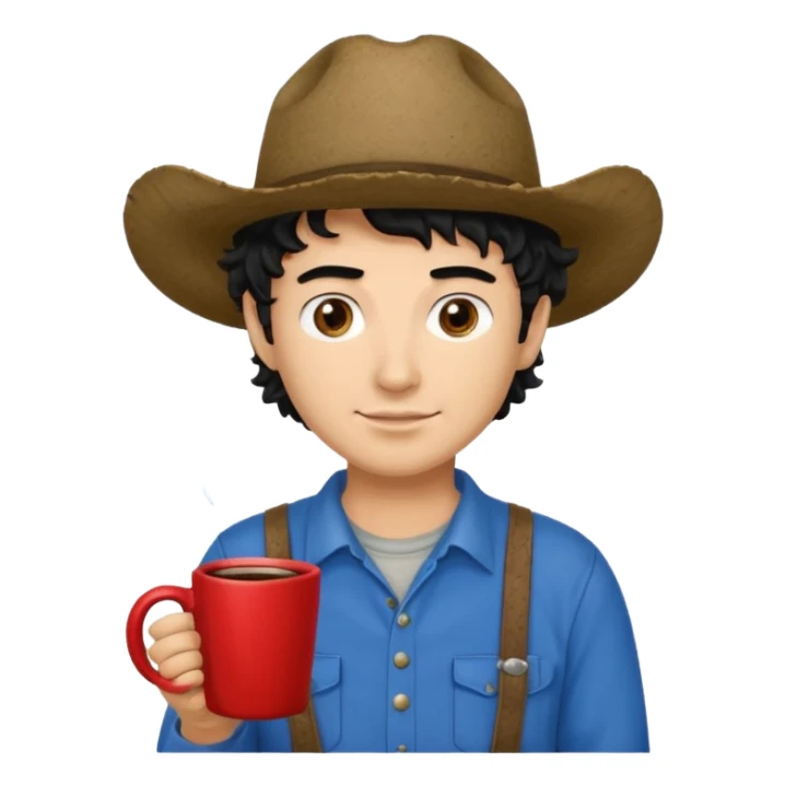 Ranch hand with blue hat and coffee mug, curly black hair, red shirt sticker