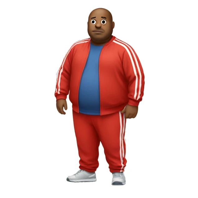fat man in red sweatsuit with white stripe down middle sticker