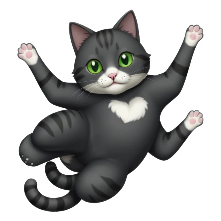 solid dark grey cat with green eyes, white toes/paws and white patch on her chest playfully rolling upside down sticker