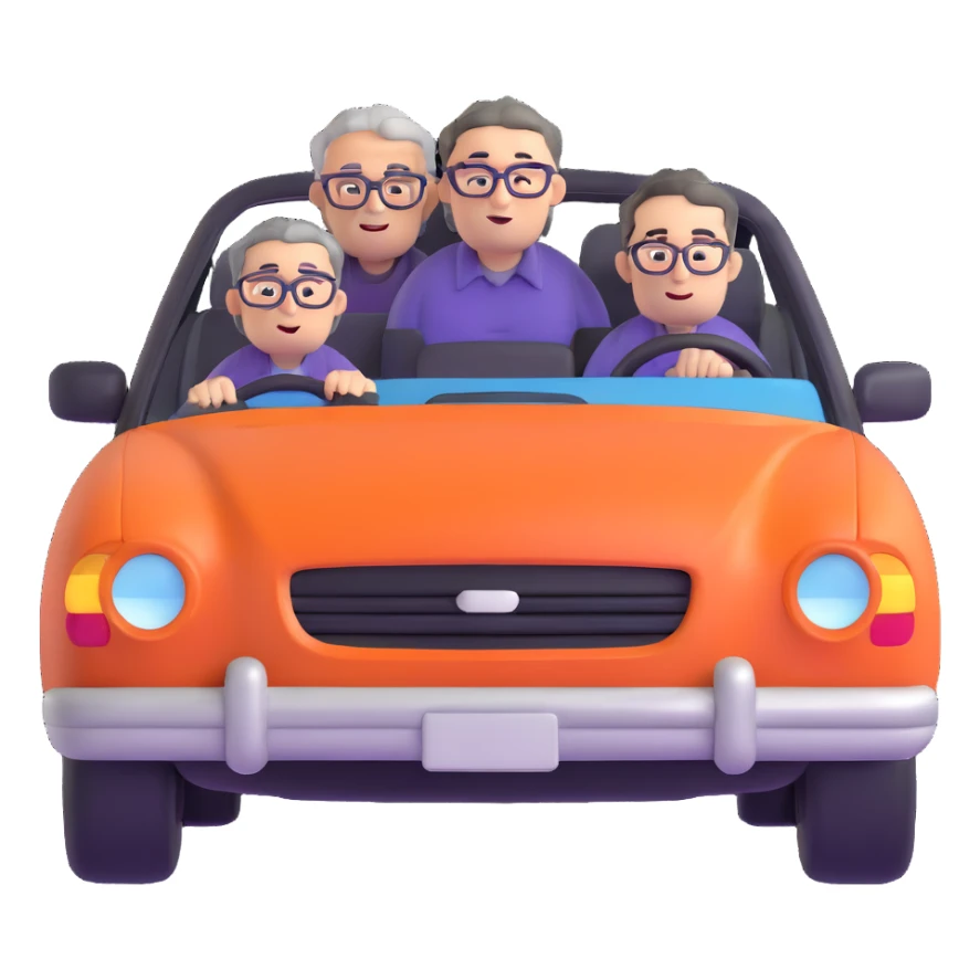 front view of an orange car with three people inside: driver male with chubby face, light stubble, purple shirt; front passenger middle-aged male with round face, gray hair, glasses, checkered shirt; rear passenger male with sharp face, black hair, glasses, black t-shirt sticker