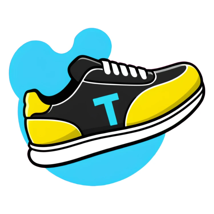 Minimalist sticker with white 'tt' letters on a black circle with cyan, magenta, and yellow dots below, sneaker with street style influence sticker