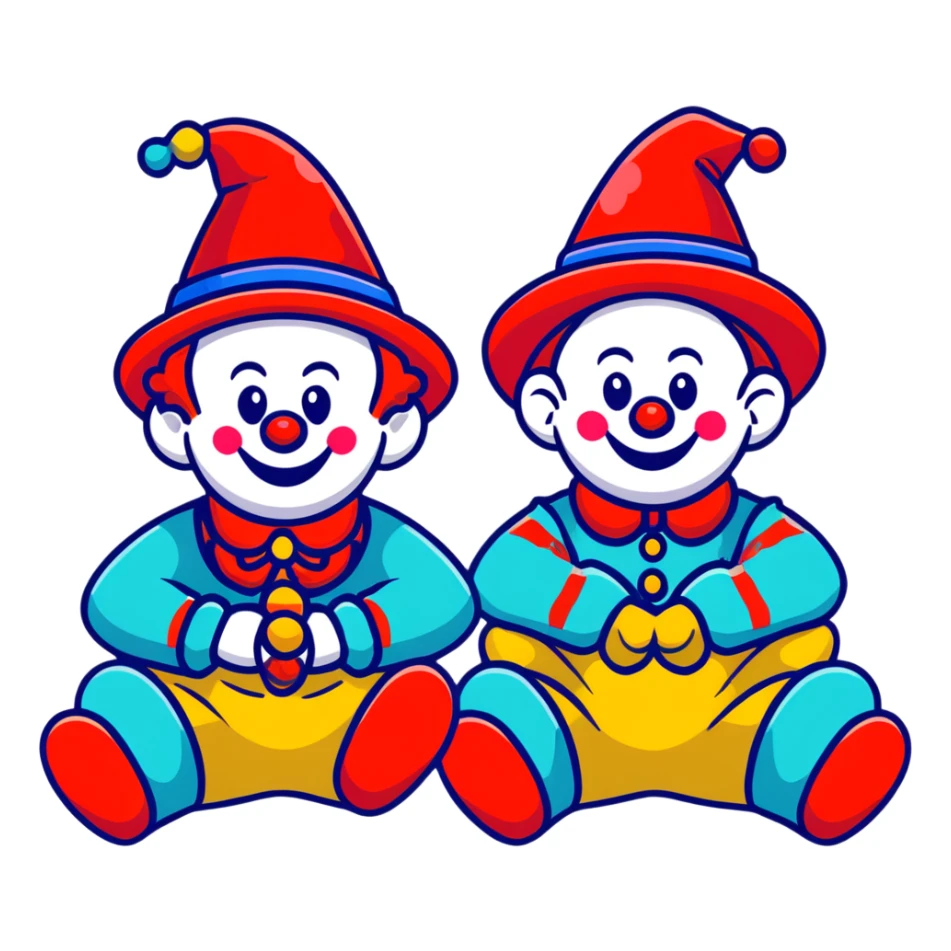 two clowns playing musical chairs, whimsical cartoonish style sticker