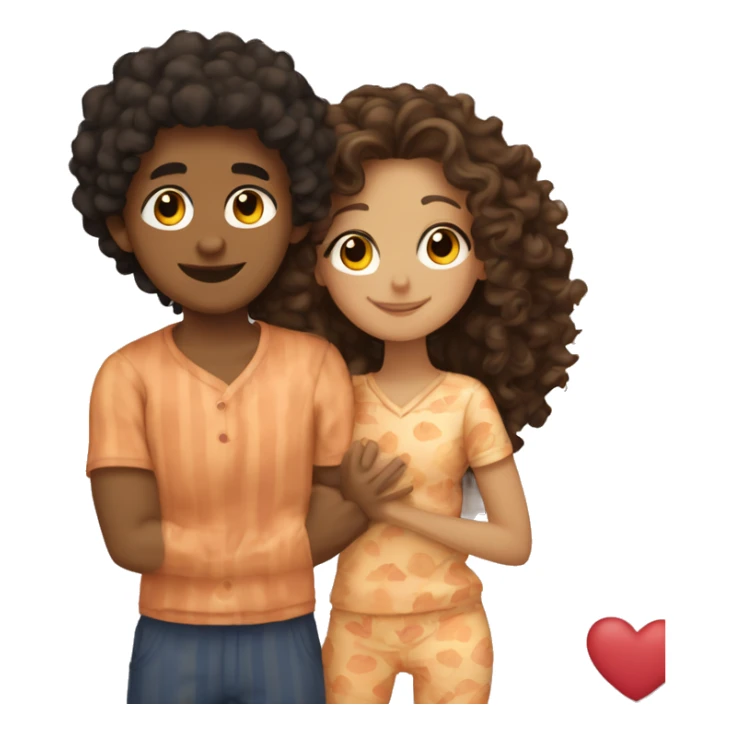 a curly brown haired girl slightly tanned hugging a tanned guy with curly black hair wearing cute pjs sticker