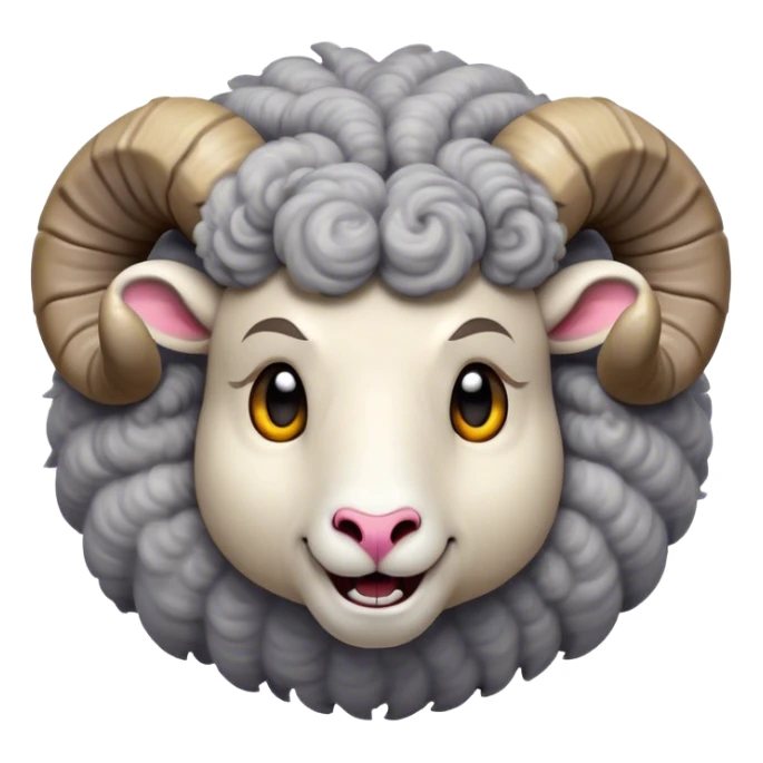 Cinematic Comical Ram Portrait Emoji, Head tilted dramatically with an exaggeratedly amused expression, featuring a striking woolly grey fur with impressively curled horns, wide, expressive dark eyes filled with playful disbelief, Simplified yet hilariously expressive features, highly detailed, glowing with a slightly sassy glow, high shine, dramatic yet playful, stylized with an air of cheeky mischief, bright and endearing, soft glowing outline, capturing the essence of a spirited and over-the-top ram, so meme-worthy it feels like it could butt its way into internet fame instantly! sticker