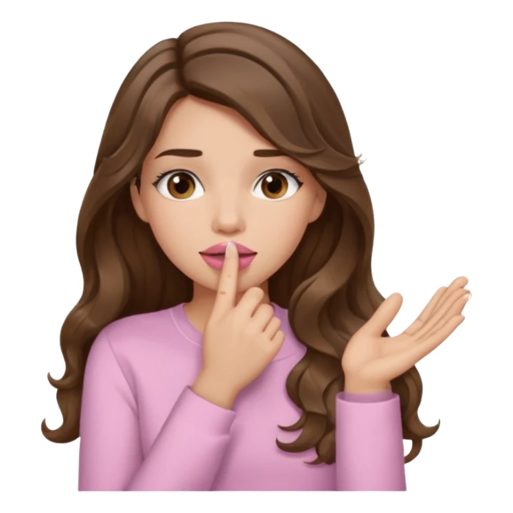 girl with wavy long brown hair, brown eyes, light to medium complexion, long lashes, light pink lipstick, wearing light pink shirt, sexy, hand covering mouth sticker