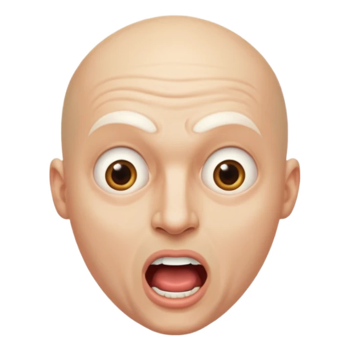 Cabaret portrait of a bald man with a whitened face and made-up eyes and mouth, a huge, wide-open mouth and a startled look sticker