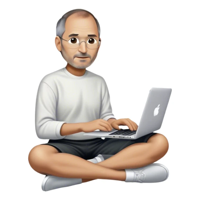 Steve job sitting cross-legged and workin on a macbook sticker