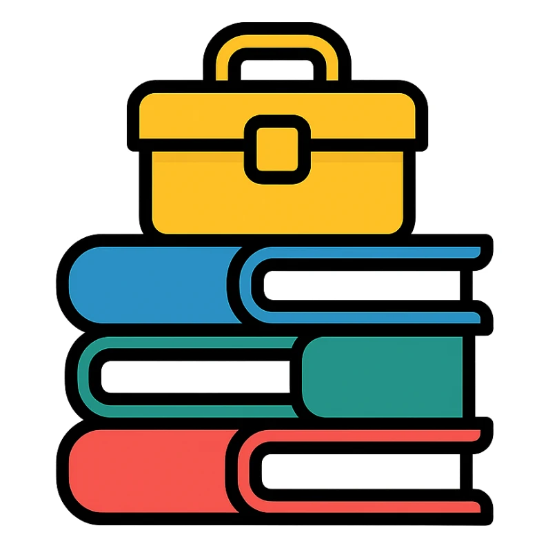 minimalist gray icon representing Resources with books, toolbox, or stack of files, worn and distressed look sticker