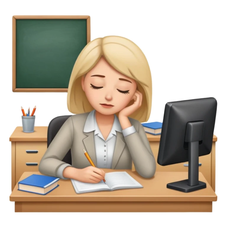 Tired woman teacher asleep at desk, classroom setting sticker
